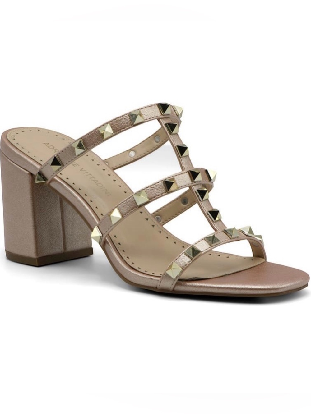 Adrienne Vittadini Metallic Nude Pyramid-Stud Block Heel Mule